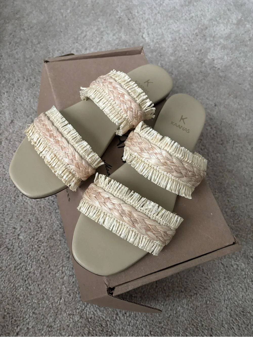 Kaanas Neutral Raffia Double-Strap Slide Sandals